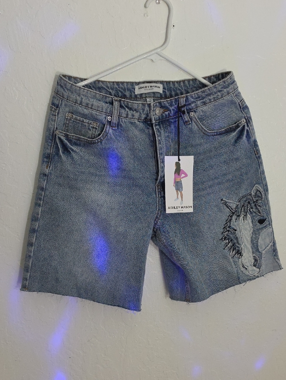 Ashley Mason Light Blue Denim Shorts with Horse Appliqué